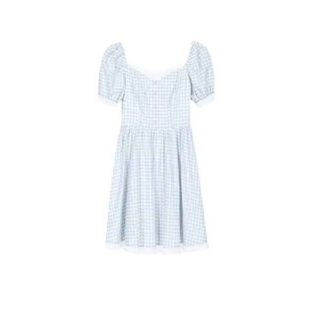 French Sweet Desire Plus Size Fungus Edge Age Reduction Check Dress Blue - Shop at LoveMi