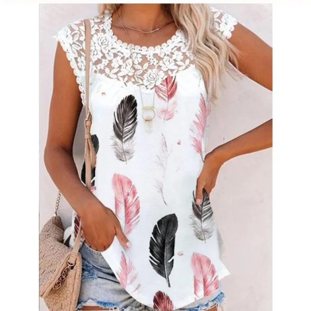 Summer Print Crew Neck Lace Trim Casual Loose Women's Tank Top Picture1 - Shop at LoveMi