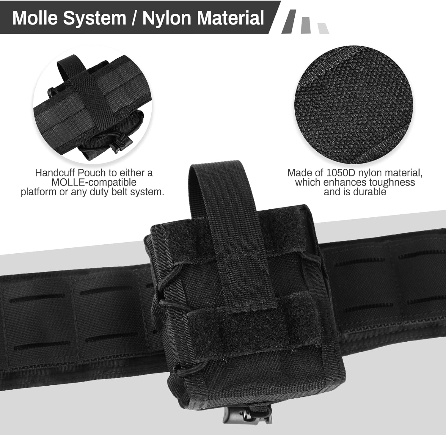 MOLLE Double Handcuff Pouch Holster Universal Handcuff Pouch Made of 1050D Nylon this versatile pouch accommodates nearly any handcuff brand including ASP Hinged Chain and Folding Rigid Handcuffs Also ideal for field compasses tins and other similar items