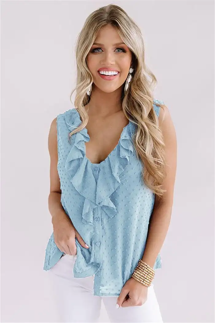 New V-Neck Ruffle Sling Solid Color Shirt