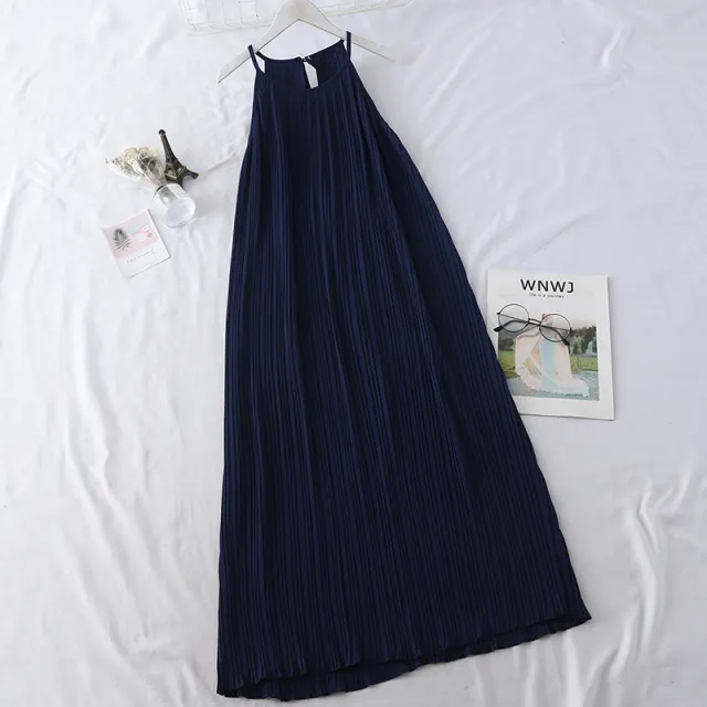 Temperament Women's Sleeveless Halterneck Vest Skirt Dark Blue - Shop at LoveMi