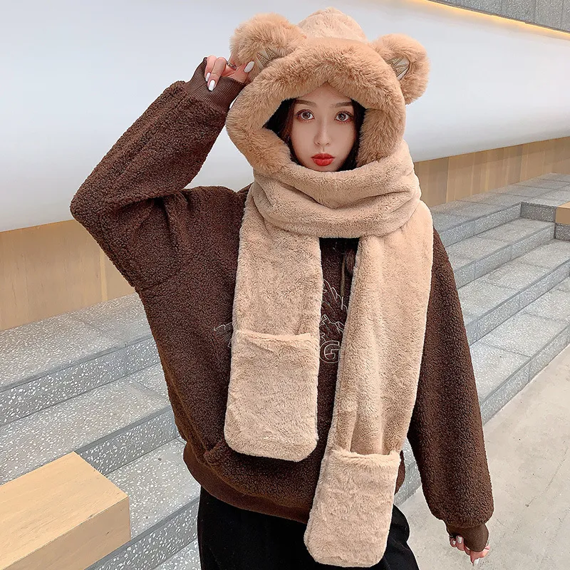 Women's Winter Hats Thickened Plush One-piece Scarf Three Piece Set - Dark Brown
