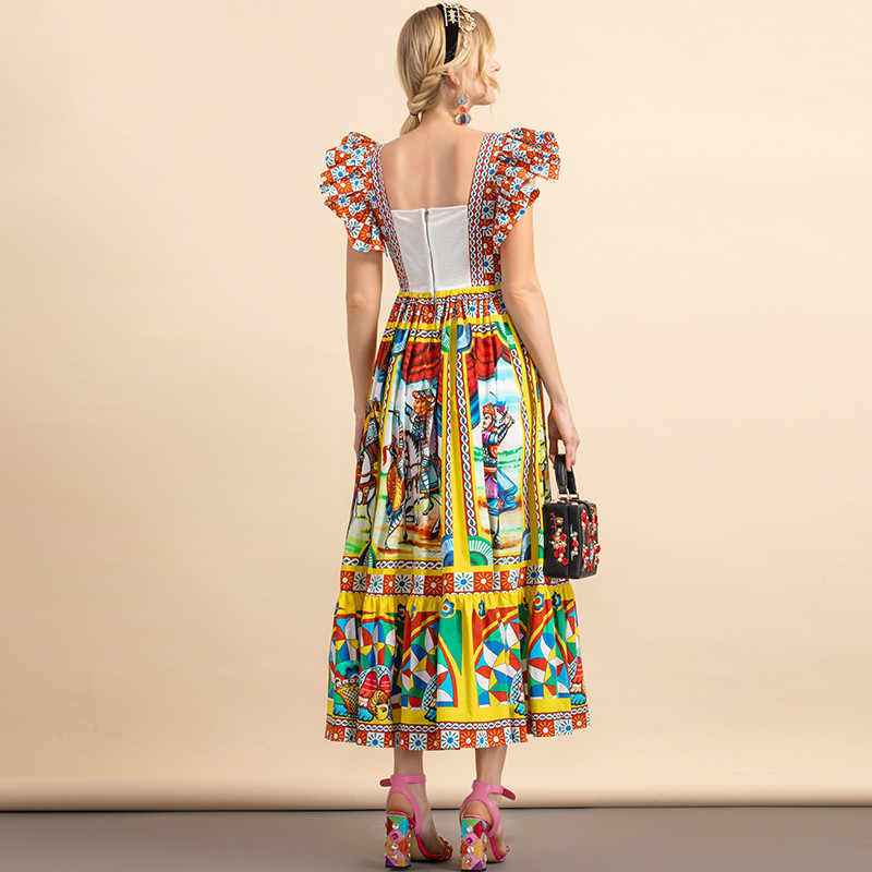 Flying Sleeve Warrior Print Cotton Dress