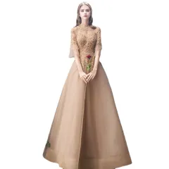 Banquet Evening Dress Female Golden Stand-up Collar Host Annual Party Dress Skirt - Gold - View 1