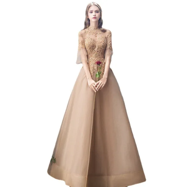 Banquet Evening Dress Female Golden Stand up Collar Host Annual Party Dress Skirt Gold - Shop at LoveMi