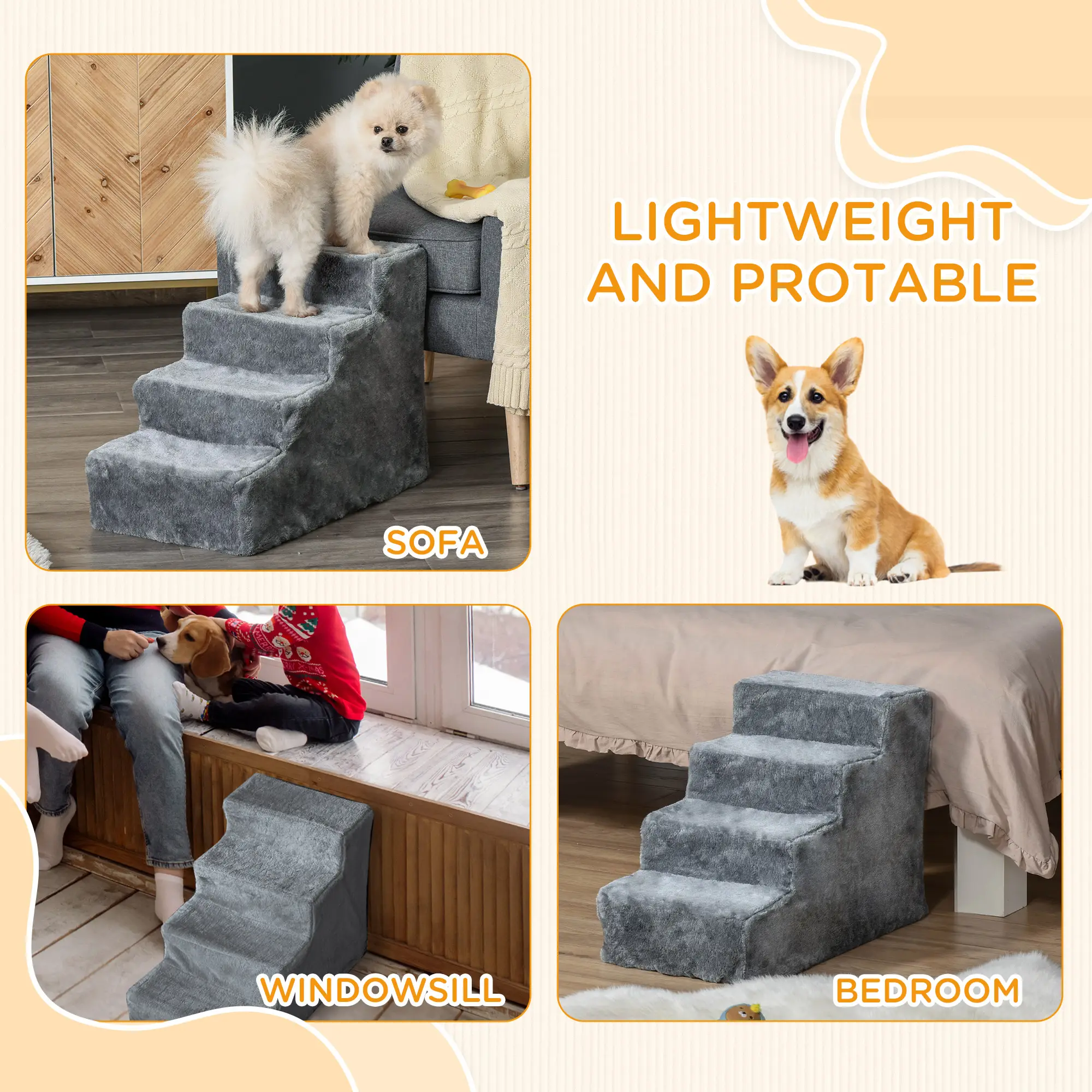 Four-Step Dog Stairs, With Washable Plush Cover
