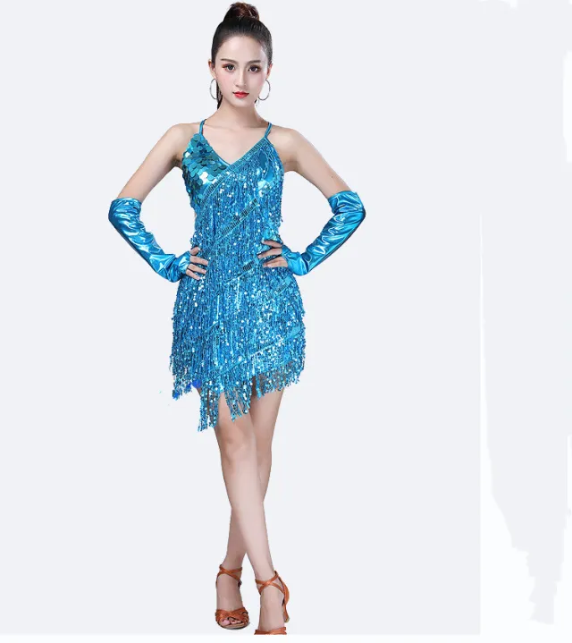 New Fringed Skirt Latin Dance Skirt Sequin Dance Dress Stage Performance Blue - Shop at LoveMi