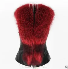 Faux Fur Vest And Fur Coat Short Raccoon Fur Collar Vest - Red Wine - View 1