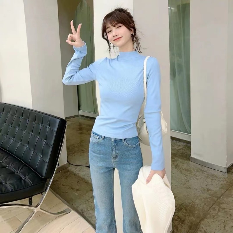 Stand Collar Slim Long Sleeve With Sanding And Cashmere T shirt Inside Blue - Shop at LoveMi