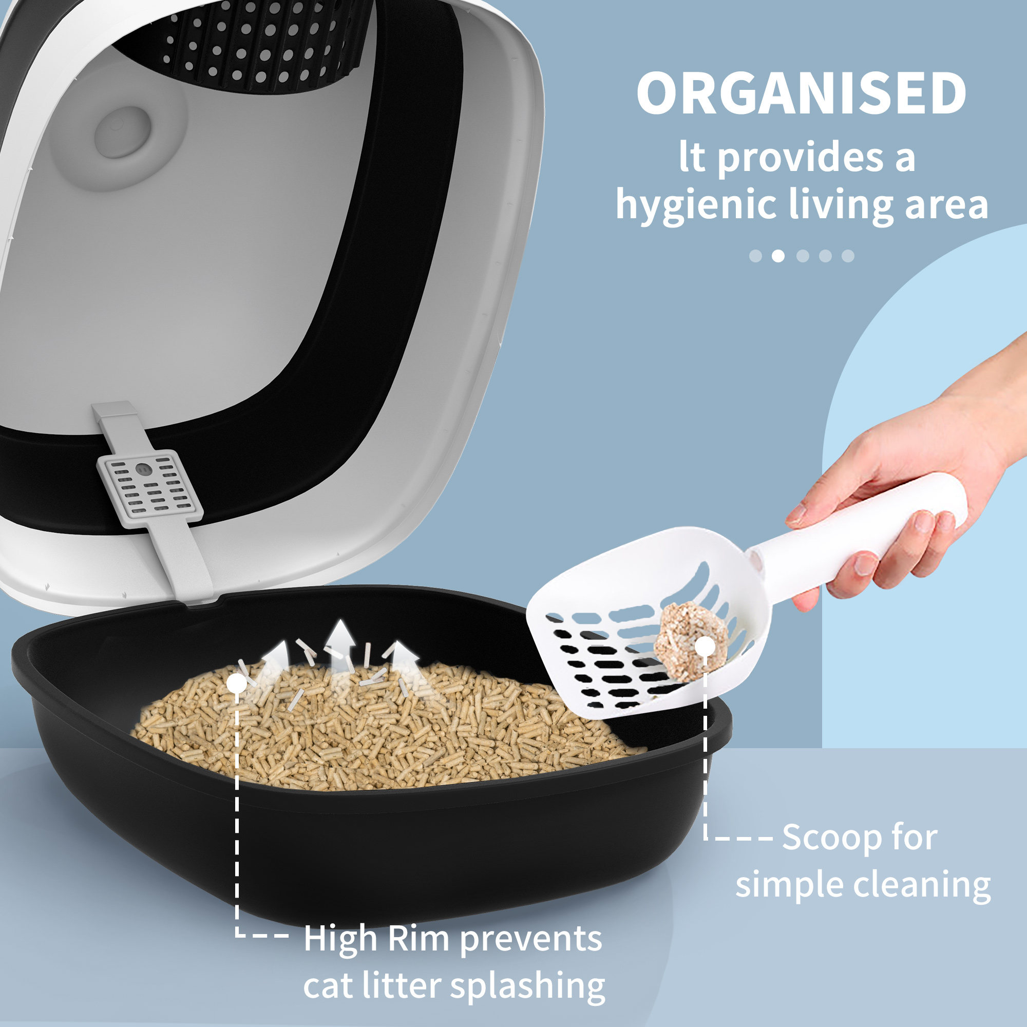 Foldable cat litter tray with lid, deodorant, scoop, black