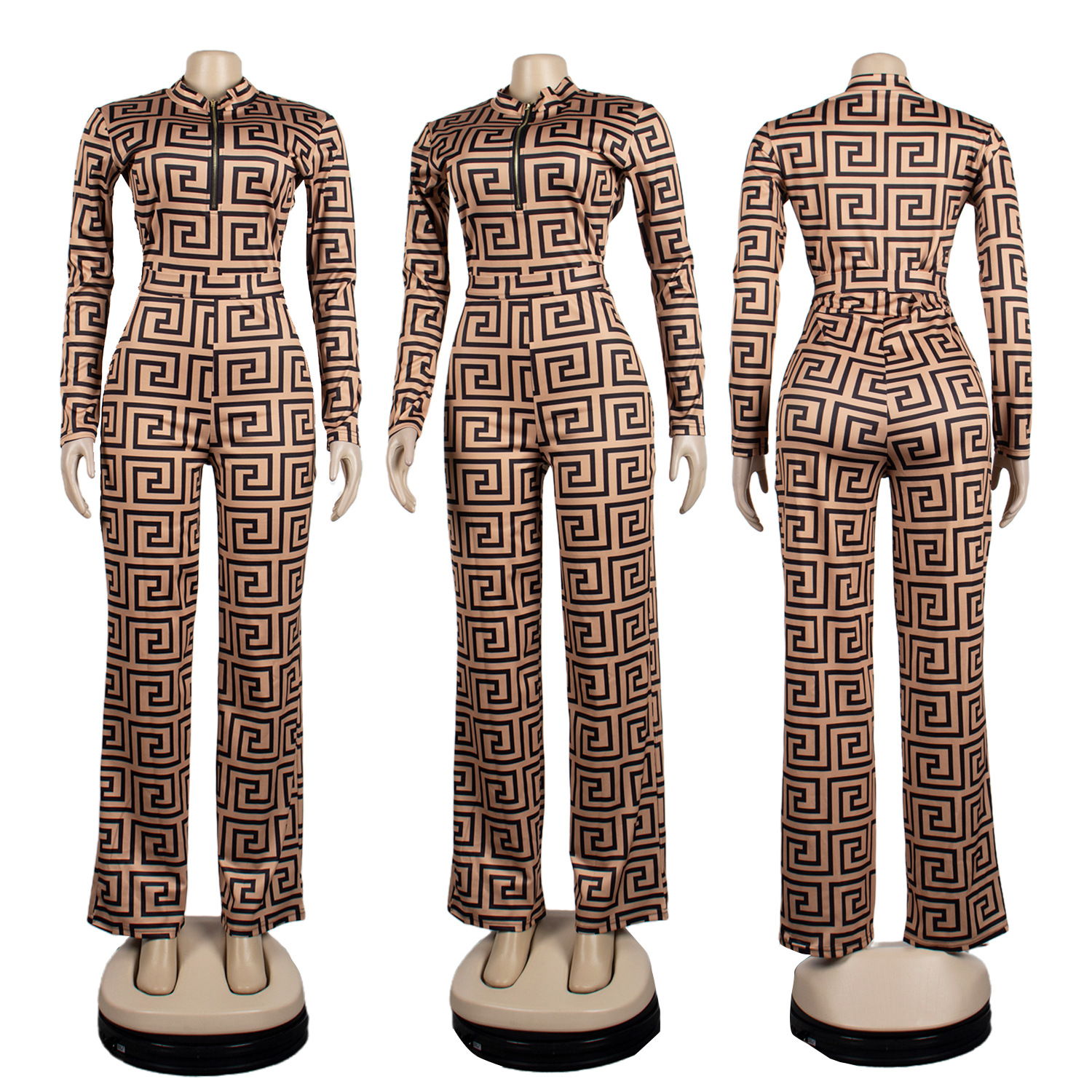 Fashion Print Ladies Deep V Neck Zip Tie Jumpsuit