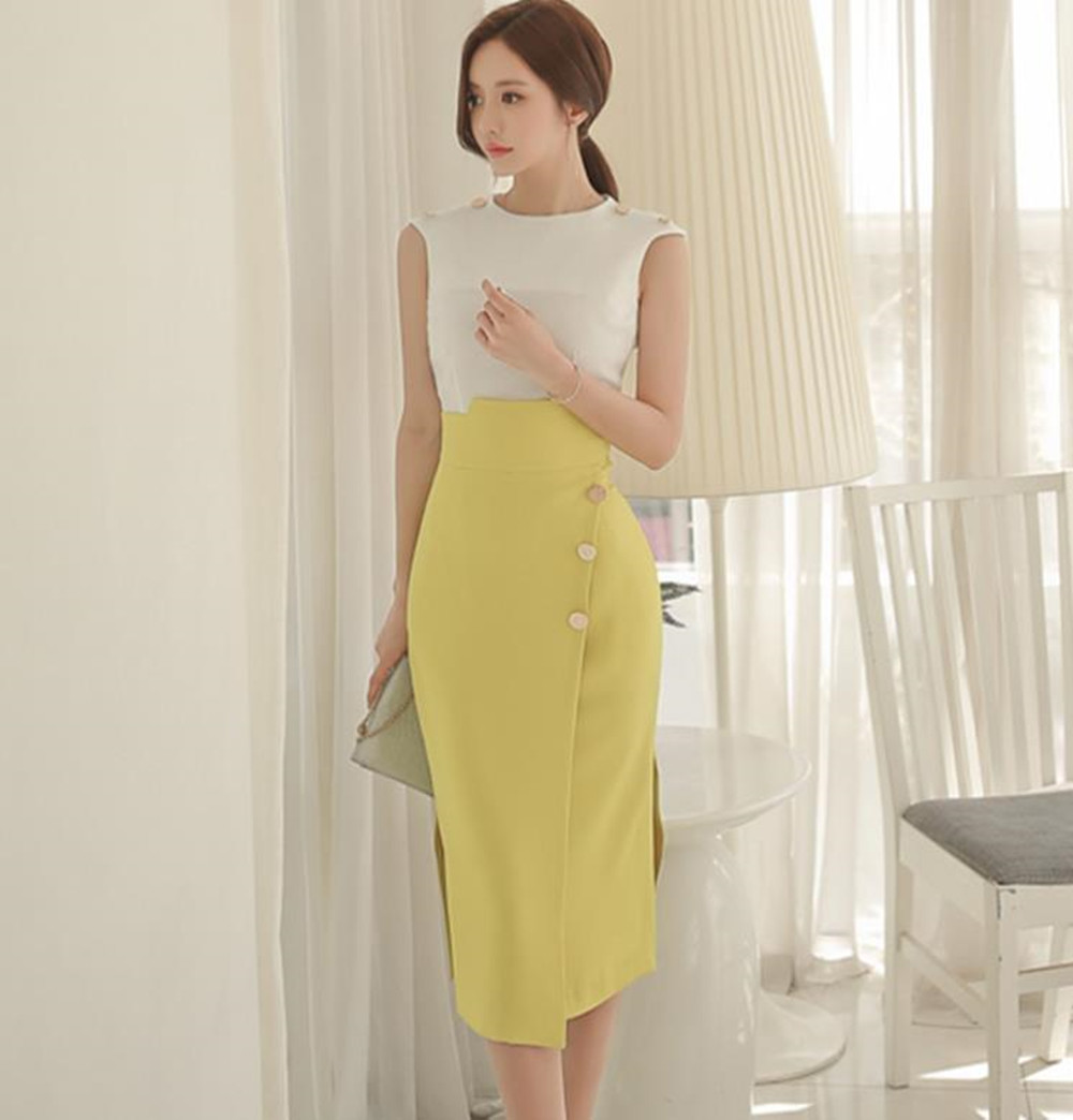 White Sleeveless Top Slit High Waist Hip Skirt