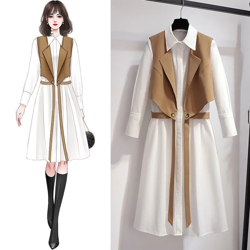 New Western Style Age-reducing Fashion Vest Two-piece Set - Khaki Vest And Shirt Dress