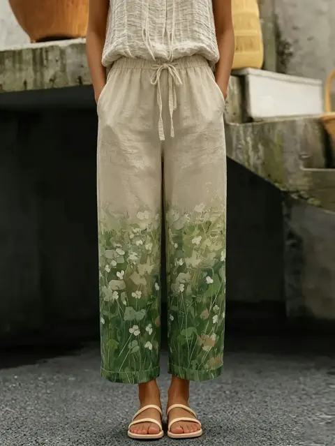 Women Cropped Pants Elastic Waist Drawstring Floral Print Casual