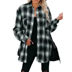 European And American Women's Plaid Mid-length Loose Lapel Cardigan Shirt - Green - View 1