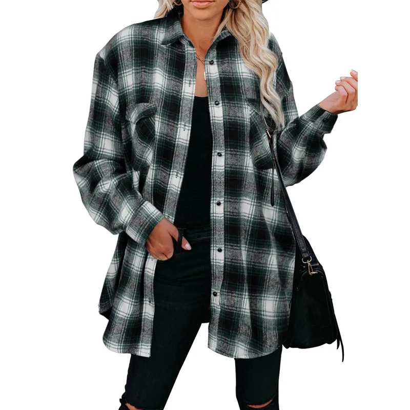 European And American Women's Plaid Mid-length Loose Lapel Cardigan Shirt - Green