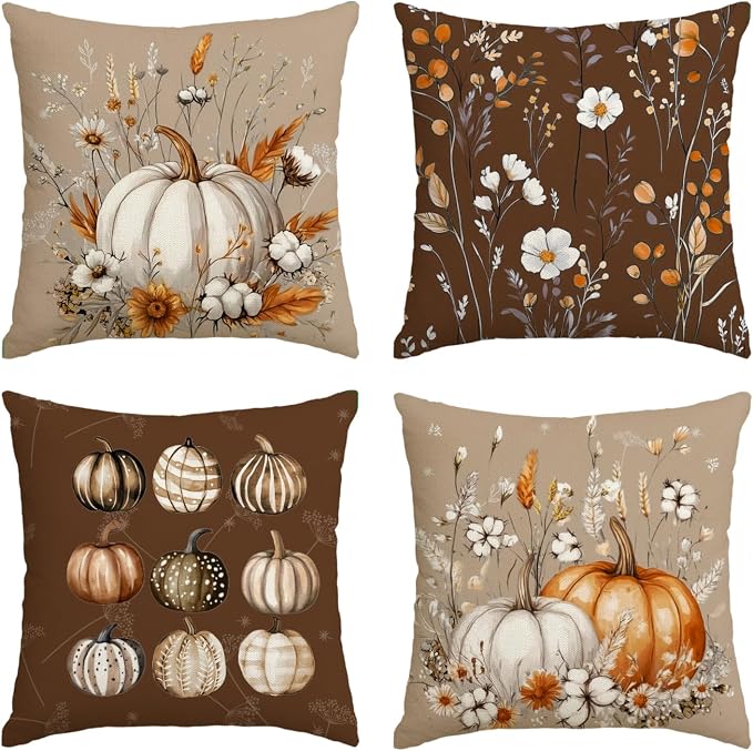 4-Piece Fall Pumpkin Flower Brown Pillow Covers, 18x18 Inch Decorative Autumn Cushion Covers