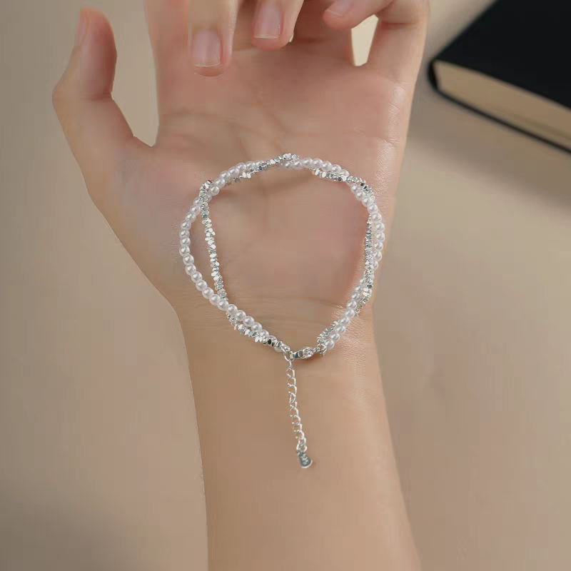 1pc 999 Sterling Silver Pearl & Crushed Silver Double-Layer Bracelet, Delicate Style, Perfect For Daily Wear And Valentine's Gift