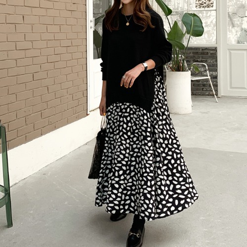 Plus Size Women's Long-sleeved T-shirt Stitching Print Big Swing Dress