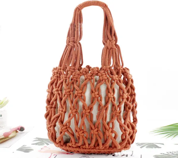 Hand Held Cotton Thread Net Pocket Casual Women Bag Orange - Shop at LoveMi