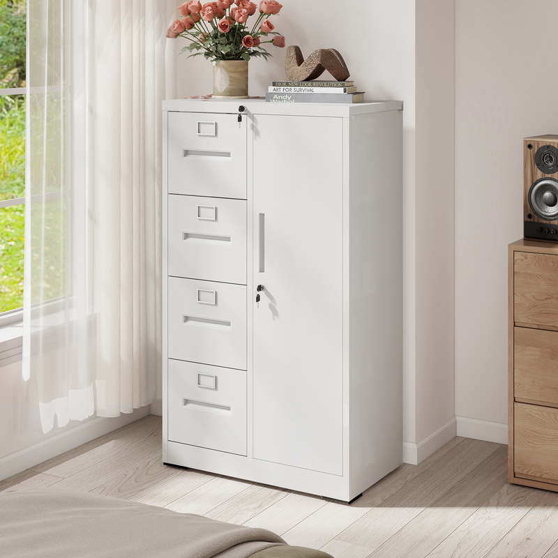 Metal Vertical Filing Cabinet W Lock, Steel File Locker W 4 Drawers & 1 Door, White For School Living Room Bedroom Office