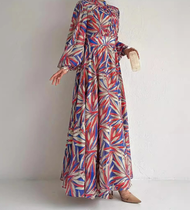 Women's Ethnic Style High-Neck Long Fashionable And Elegant Robe Dress