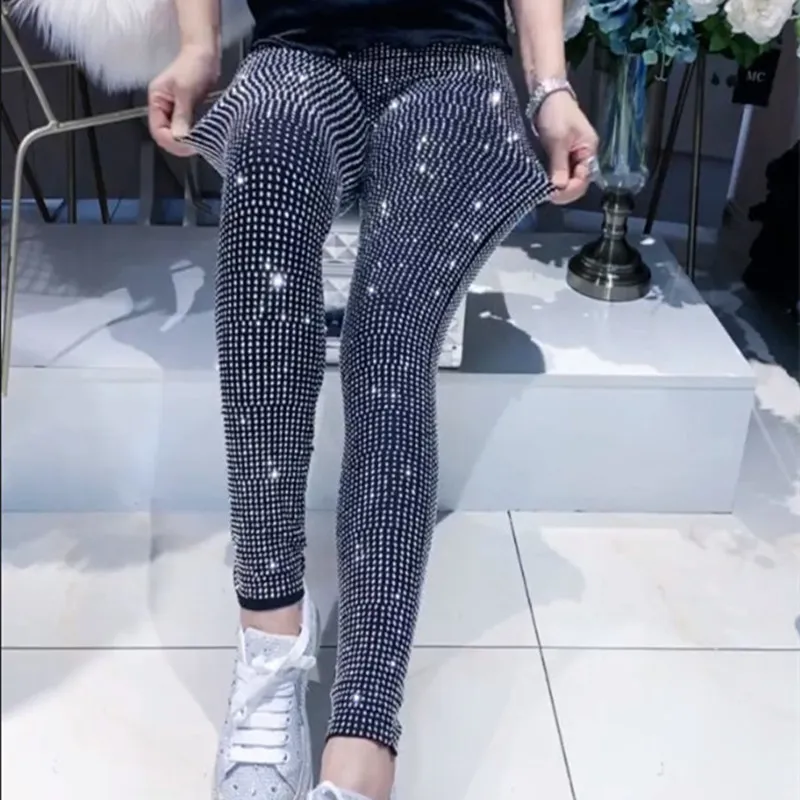 Stylish And Simple Heavy Industry Slim Hot Diamond Trousers - Silver
