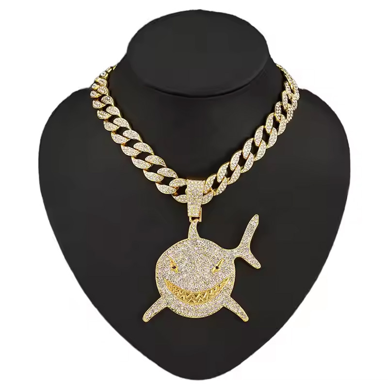 Iced Out Football Shark Pendant Necklace – 13mm Gold 3D CZ Stainless Steel Sport