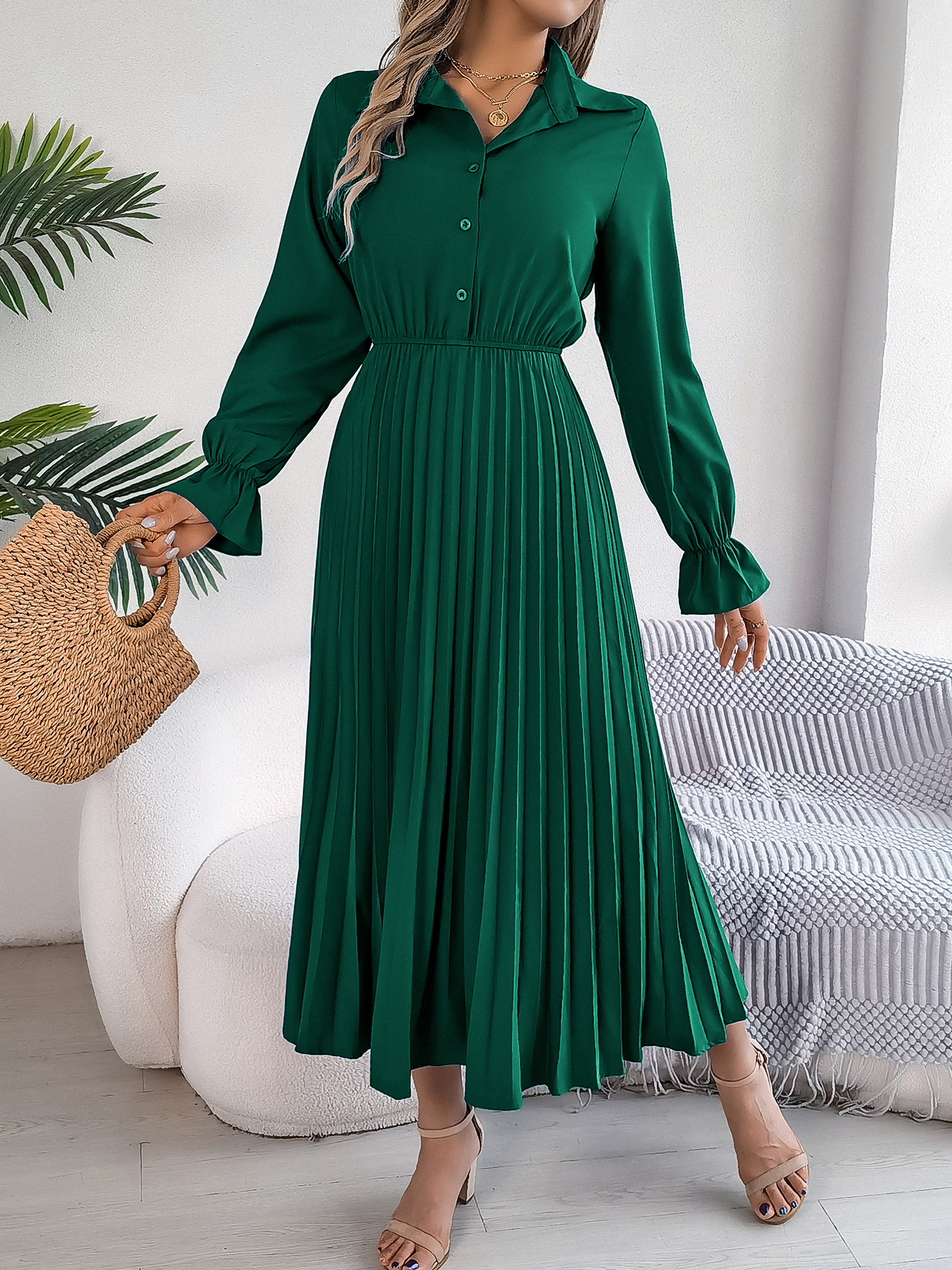 Women's Casual Lapel Button Long Sleeve Tie Waist Pleated Maxi Dress thumbnail 5