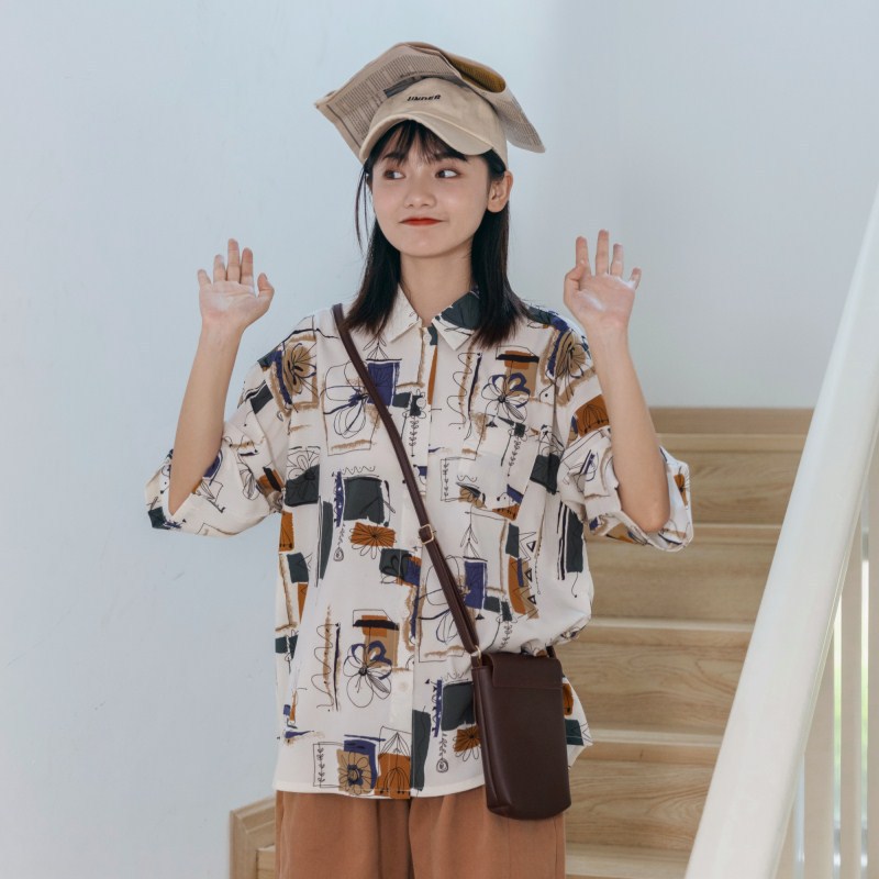 Japanese Niche Personality Abstract Print Short-sleeved Shirt