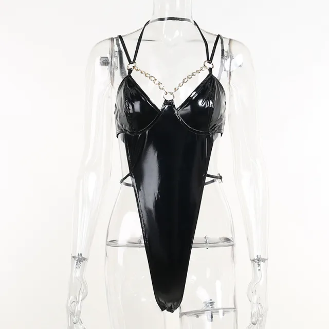 Women's Fashion Shiny Solid Color Chain Bodysuit Black - Shop at LoveMi