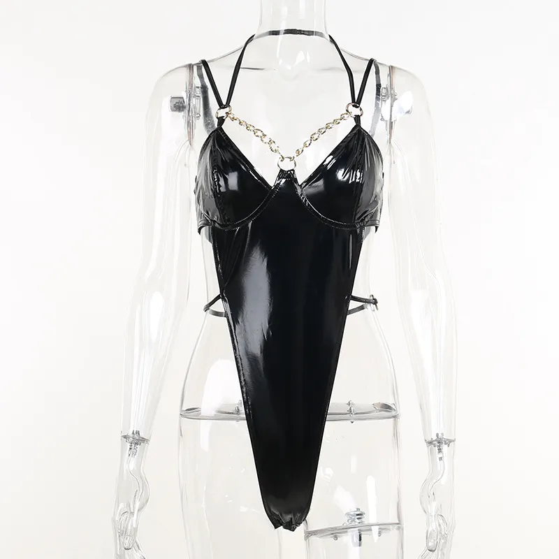 Women's Fashion Shiny Solid Color Chain Bodysuit - Black