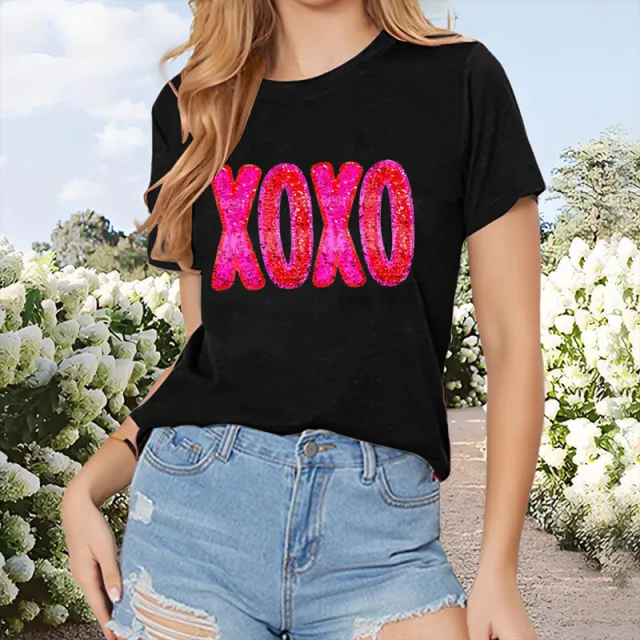 Women's 'XOXO' Letter Print T Shirt Casual Crew Neck Short Sleeve Tee, Soft Summer Top Black - Shop at LoveMi