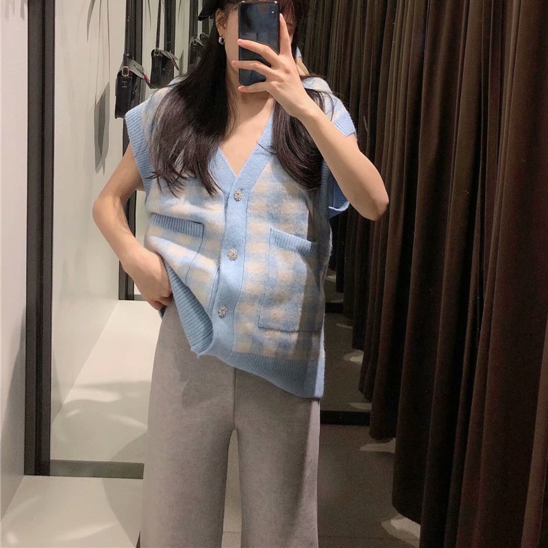 Women's Fashion Vintage Blue Plaid V-Neck Sleeveless Vest