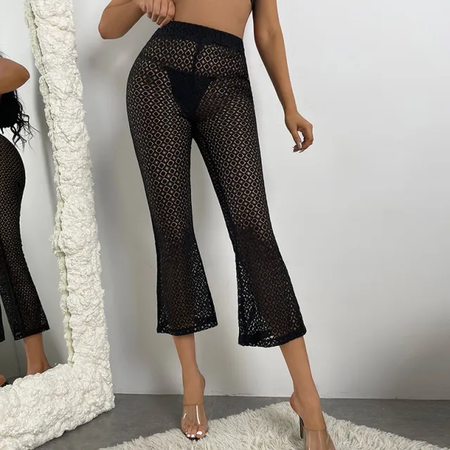 Mesh Cutout Mesh Strap Beach Flare Pants Black - Shop at LoveMi