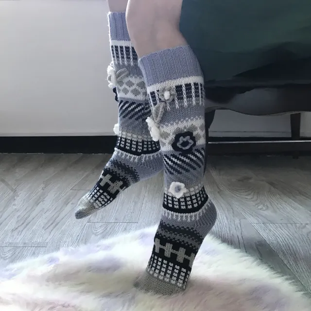 Ins Style Retro Jacquard Long Ladies Hand Crochet Floor Socks Grey White - Shop at LoveMi