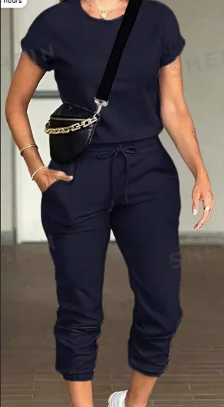 Women Solid Color Round Neck Short Sleeve Top And Drawstring Pocket Long Pants Casual Suit - Navy Blue