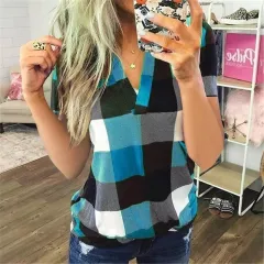 Women's New Shirt Plaid Printed V-Neck Short-Sleeved Shirt T-Shirt Women - Sky Blue - View 1