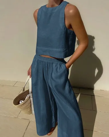 Loose Solid Color Sleeveless Shirt And Trousers Two piece Set Blue - Shop at LoveMi