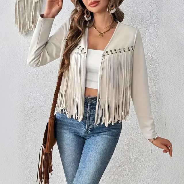Women's Faux Suede Fringe Trim Long Sleeve Open Front Cardigan Jacket Western Concert Outfits Apricot - Shop at LoveMi
