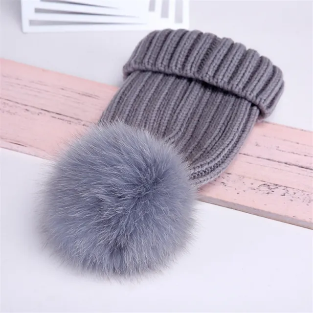 Oversized Warm Real Raccoon Fox Fur Ball Wool Hat Grey - Shop at LoveMi