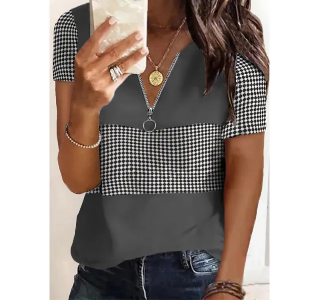 Stitching Check V neck Zipper Neckline Short Sleeve T Shirt Women Dark Grey - Shop at LoveMi