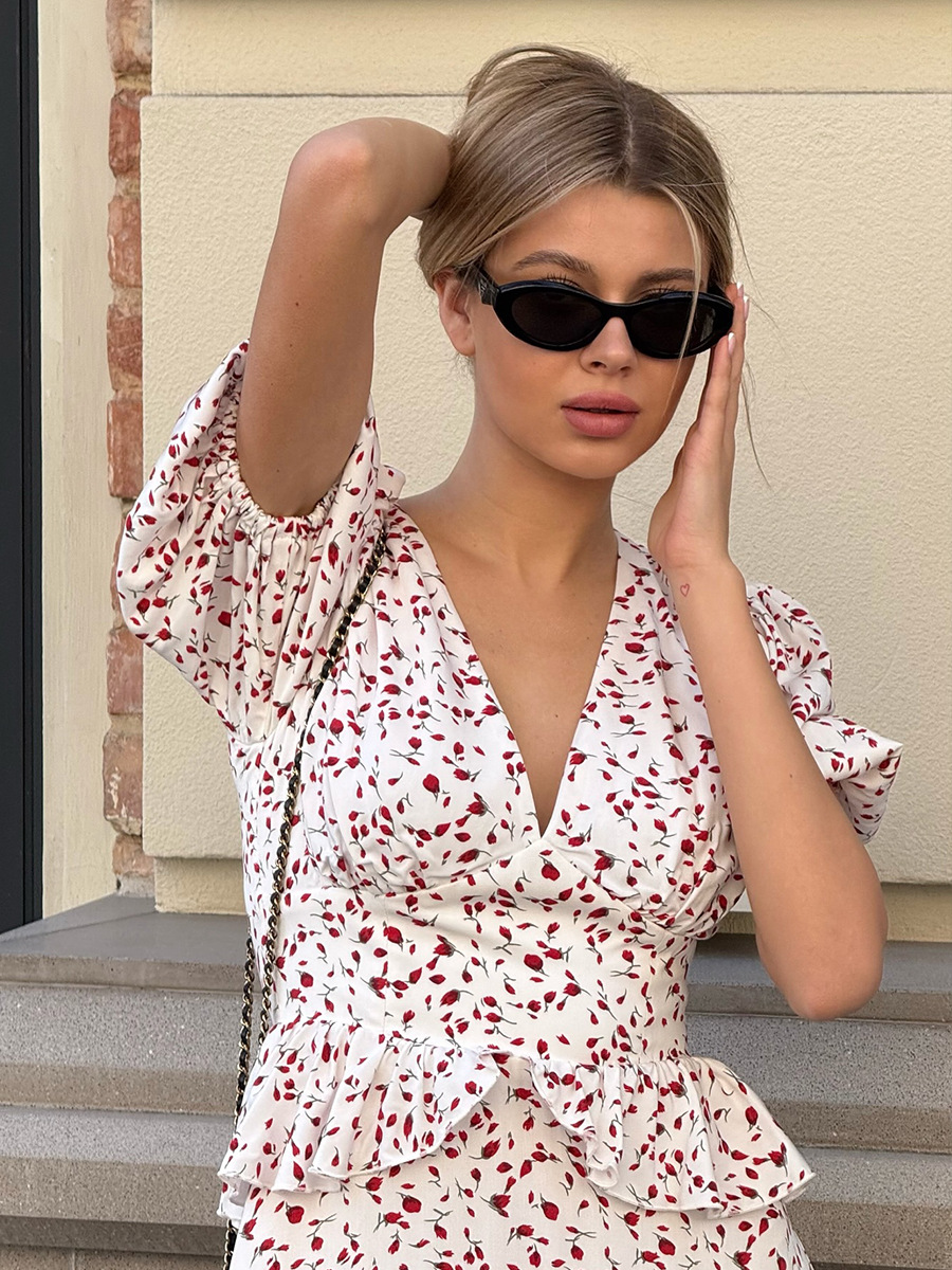 Printed Waist-cinching Puff Sleeve Dress - Image 7