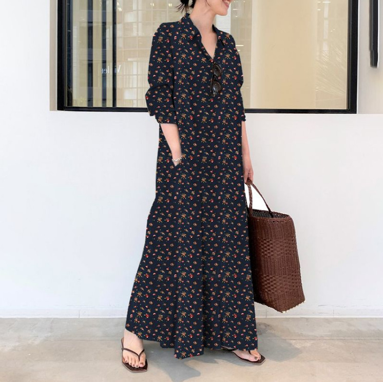 Plus Size Linen Blend Printed Collared Shirt Dress, Long Sleeve Loose Maxi Dress With Pockets