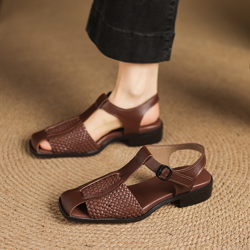 Women's Washed Full Grain Leather Woven T-Strap Sandals, Square Toe Block Heel Closed-Toe Shoes