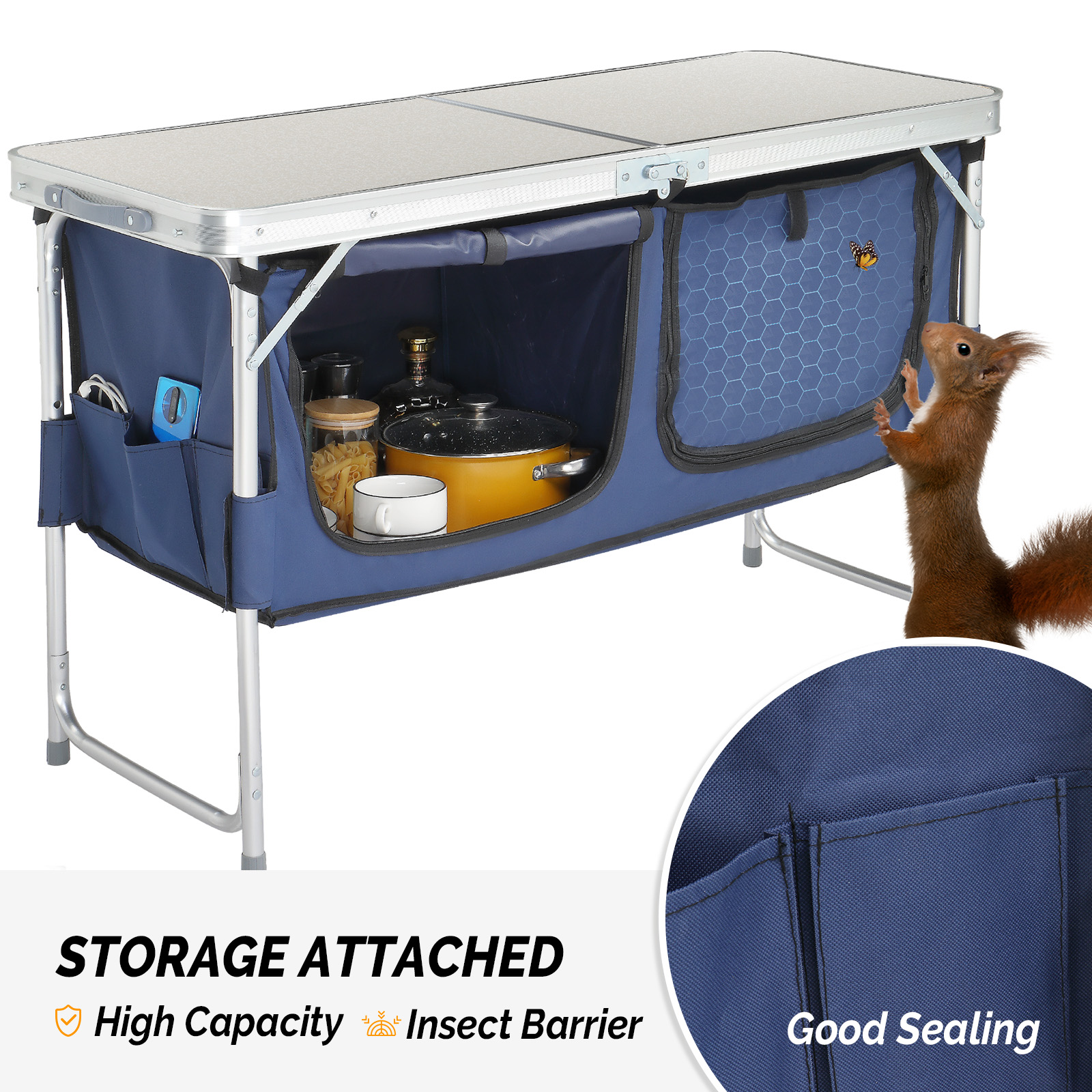 4ft Aluminum Folding Camping Table With 2 Large Storage Compartments, Portable Outdoor Picnic BBQ Buffet Serving Table 7