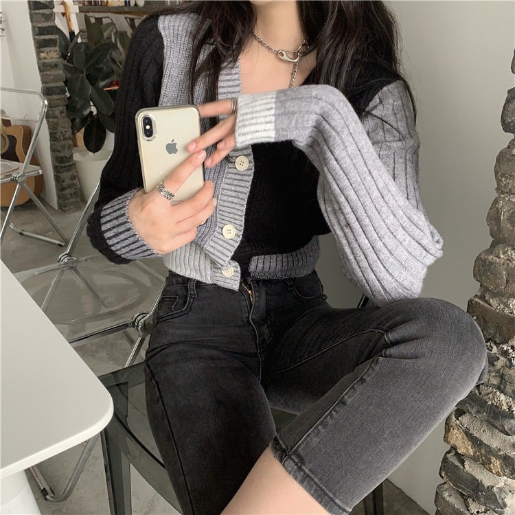 Women's V-neck Contrast Knit Cardigan Jacket