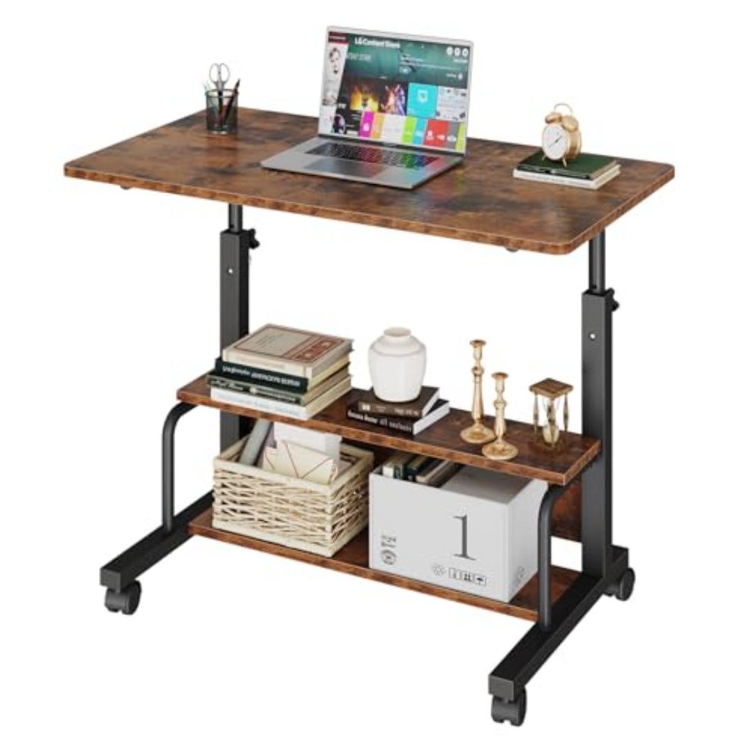 31.5-inch Manual Standing Office Desk, Portable Computer Table With Adjustable Height, Equipped With Lockable Wheels And Double-layer Storage Space