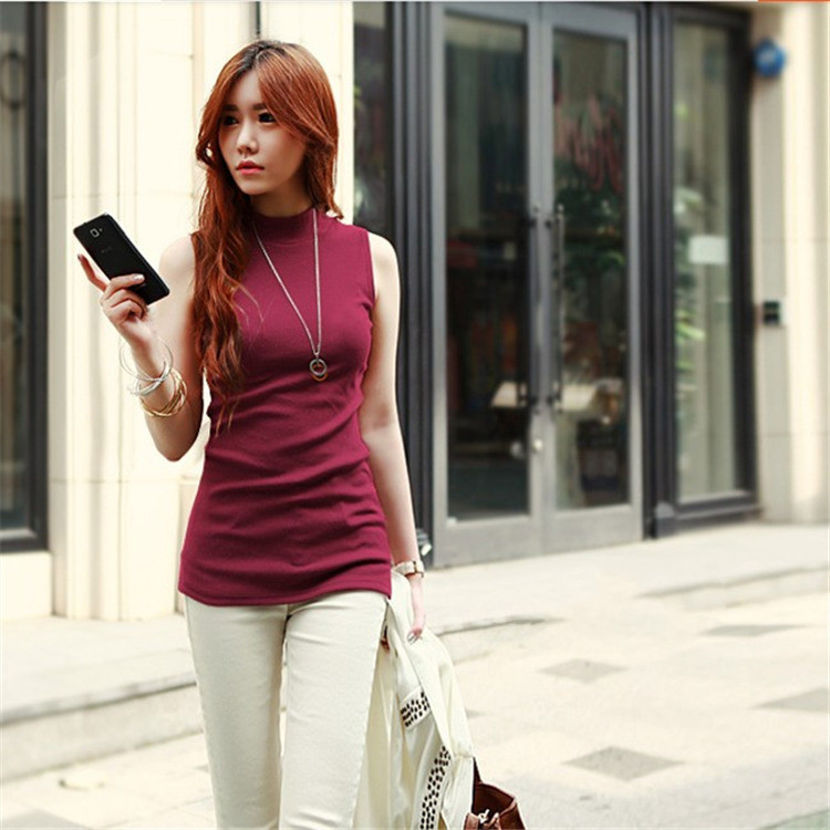 Women's Solid Color Mid Length Half Turtleneck Sleeveless T-shirt