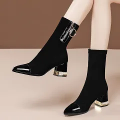 Women's Rhinestone Pointed Toe And Velvet High-heeled Ankle Boots - 6Style-39 - View 1